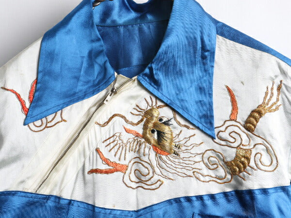 50's 龍 金 刺繍 斜めジップ付き プルオーバー シルクサテン スカシャツ (SM程)