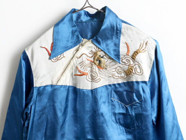 50's 龍 金 刺繍 斜めジップ付き プルオーバー シルクサテン スカシャツ (SM程)
