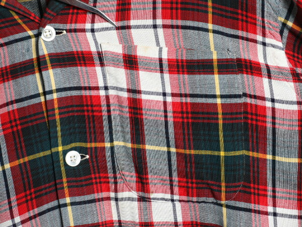 60s ★ Pennleigh チェック レーヨン オープンカラー シャツ メンズ M ヴィンテージ ループ留め 開襟 ボックス ポケット付き マルチカラー