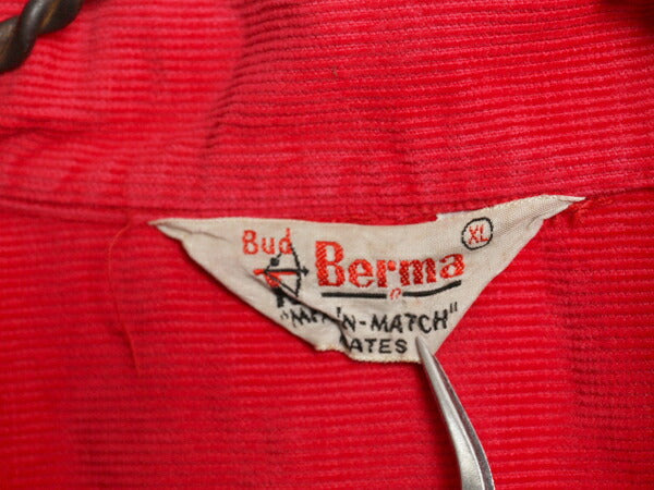 50s ★ BUD BERMA コーデュロイ オープンカラー シャツ メンズ XL / 古着 ヴィンテージ ループ留め 開襟 ボックス 細畝 コットン 無地 赤