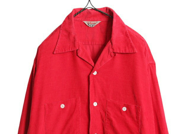 50s ★ BUD BERMA コーデュロイ オープンカラー シャツ メンズ XL / 古着 ヴィンテージ ループ留め 開襟 ボックス 細畝 コットン 無地 赤