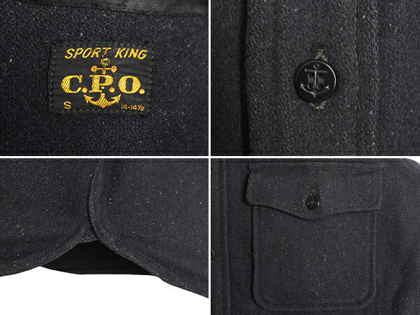 50s ★ SPORT KING ウール CPO シャツ メンズ S 50年代 ヴィンテージ 民間 ジャケット 厚手 無地 マチ付き アンカーボタン ダーク ネイビー