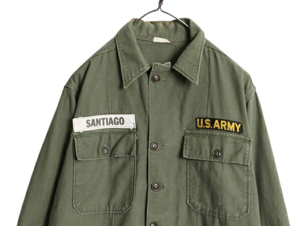 60s ★ 米軍実物 US ARMY コットン サテン ユーティリティ シャツ SMALL ヴィンテージ ミリタリー 軍物 1st 後期 筒袖 OG107 長袖シャツ 緑