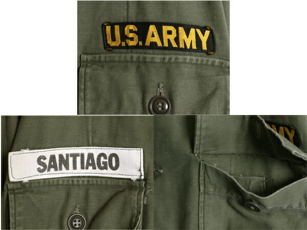 60s ★ 米軍実物 US ARMY コットン サテン ユーティリティ シャツ SMALL ヴィンテージ ミリタリー 軍物 1st 後期 筒袖 OG107 長袖シャツ 緑