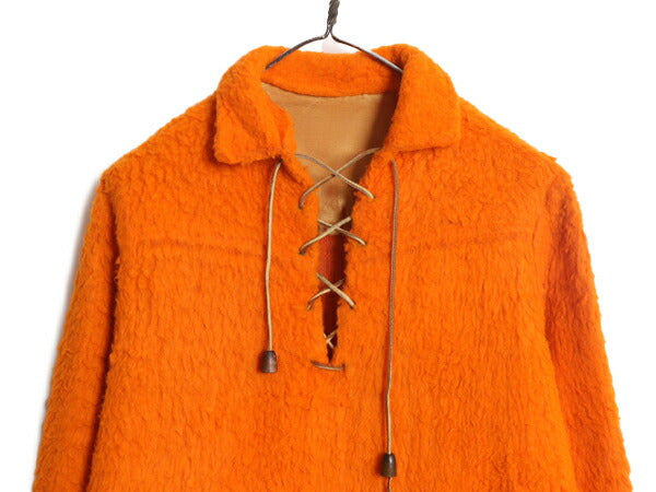 50s 60s ★ レースアップ フェイクファー プルオーバー シャツ メンズ レディース M 程/ ヴィンテージ コディアック パイル フリース 無地