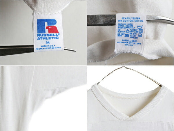 80s 90s USA製 ★ ラッセル Vネック カレッジ プリント フットボール Tシャツ メンズ M / 80年代 90年代 オールド RUSSELL プリントTシャツ
