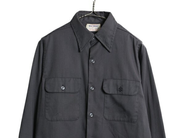70s USA製 ★ ビッグヤンク 長袖 ワーク シャツ メンズ M 古着 ヴィンテージ ポケット付き ノーアイロン 無地 マチ付き チャコール グレー