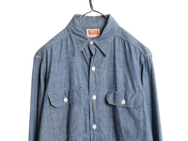 40s ★ パイオニア シャンブレー シャツ メンズ XL 程/ 古着 ヴィンテージ ワーク 100% コットン マチ付き カスタムメイド ハンドペイント