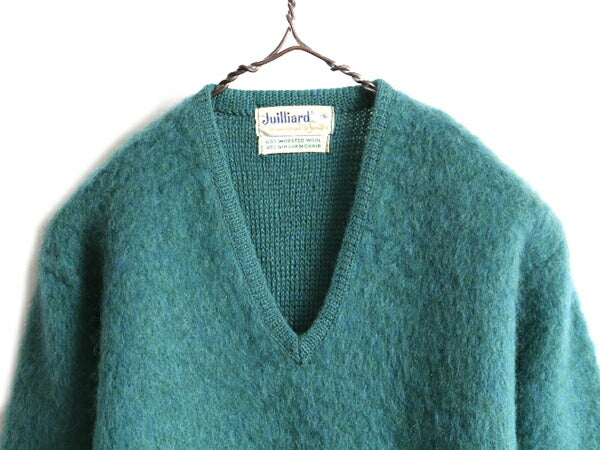 60s ビンテージ 35% モヘア ★ Vネック ウール モヘヤ 長袖 ニット セーター ( メンズ S ) 古着 60年代 毛長 プルオーバー ターコイズ 無地