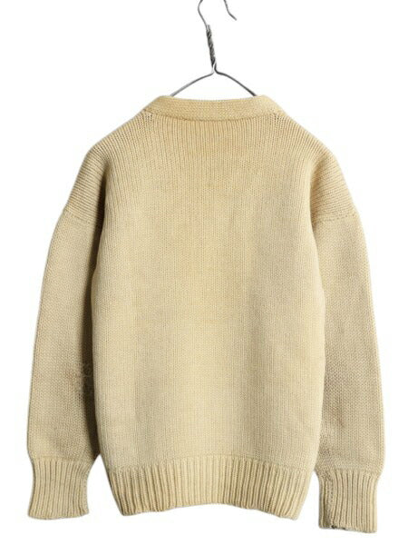 ~10s ★ 1912 フェルト ワッペン レタード ニット セーター メンズ S ヴィンテージ アワード パッチ Vネック ローゲージ ウール ナチュラル