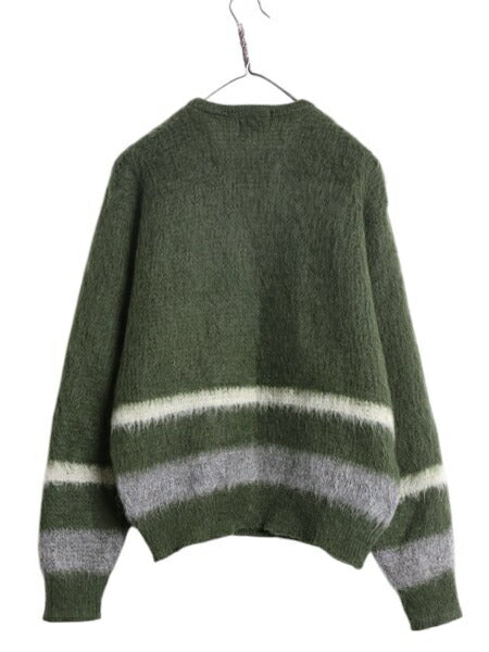 60s ★ Harridge Row Vネック モヘア ニット セーター メンズ M / 古着 60年代 ヴィンテージ 毛足 毛長 シャギー プルオーバー ボーダー 緑