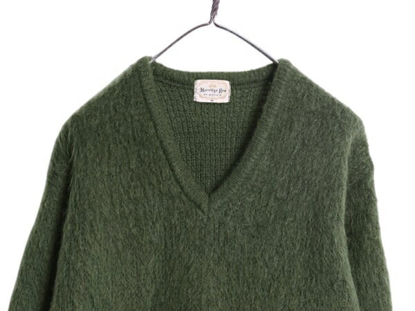 60s ★ Harridge Row Vネック モヘア ニット セーター メンズ M / 古着 60年代 ヴィンテージ 毛足 毛長 シャギー プルオーバー ボーダー 緑
