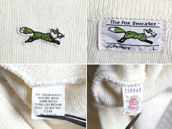 80s ★ JCPENNEY THE FOX Vネック アクリル ニット セーター メンズ レディース L 80年代 ヴィンテージ JCペニー ワンポイント ナチュラル