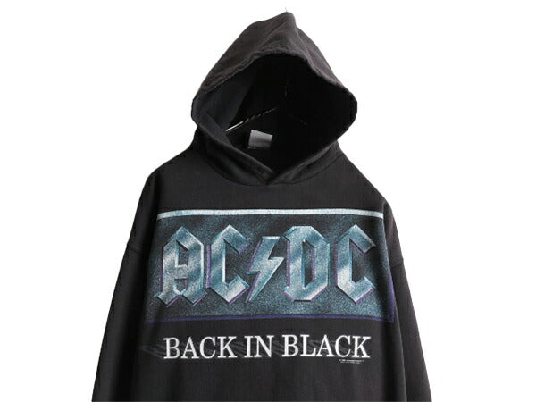 90s AC/DC ロゴ プリント スウェット パーカー メンズ M / 黒 古着 90年代 バンド ロック フード トレーナー オフィシャル 当時物 ブラック