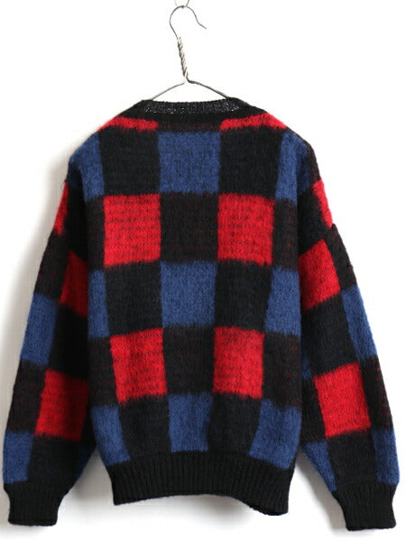 70s Vネック ブロック チェック 毛長 長袖 ウール ニット セーター (M程)