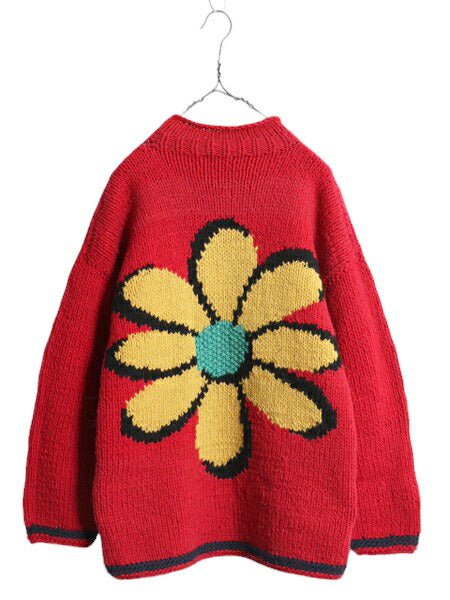 手編み エクアドル製 ★ ISHKA ロールネック 両面 花 ウール ハンドニット セーター メンズ レディース XL 程/ ハンドメイド フラワー 花柄