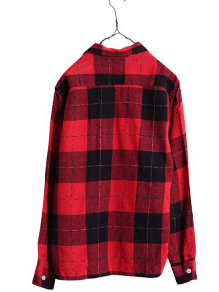 50s 60s ★ チェック ループ留め オープンカラー 長袖 シャツ メンズ M ヴィンテージ オーロン ウール 混 織柄 開襟 ボックス ポケット付き