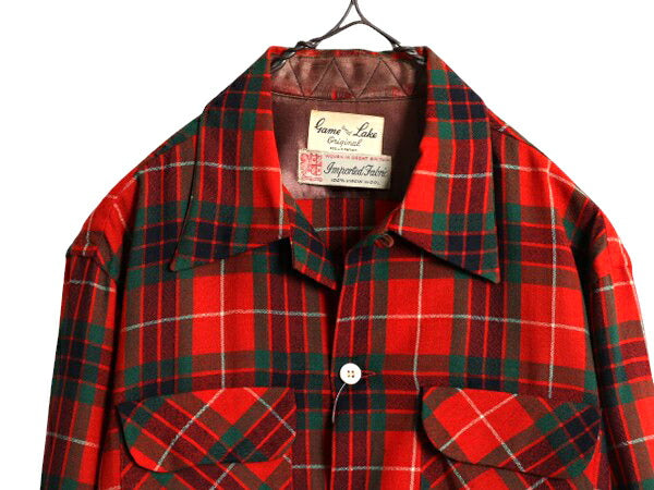 50s ★ チェック ループ留め オープンカラー 長袖 ウール シャツ メンズ M 50年代 ヴィンテージ 開襟 ボックス シルエット イギリス製 素材