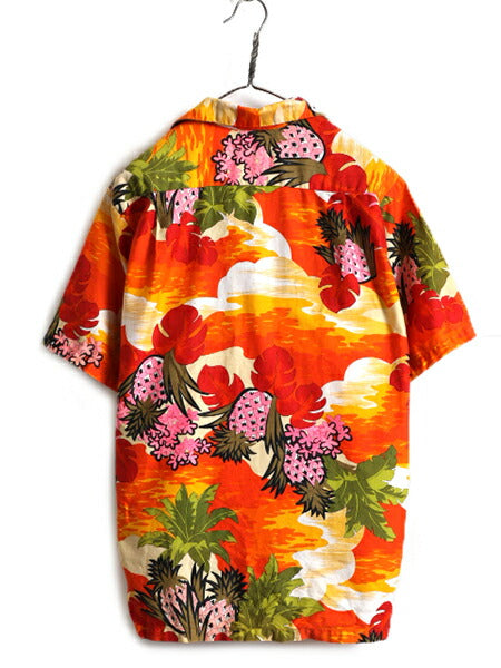 70s ★ Hukilau コットン オープンカラー 半袖 アロハ シャツ ( メンズ M 程) 70年代 ビンテージ ハワイアン 開襟 ボックス ポケット付き