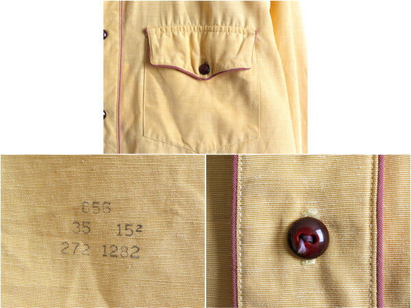 40s ★ MILLER マチ付き サテン 長袖 ウエスタン シャツ メンズ M 程/ 古着 40年代 ヴィンテージ 無地 ポケット付き ナイロン レーヨン 黄
