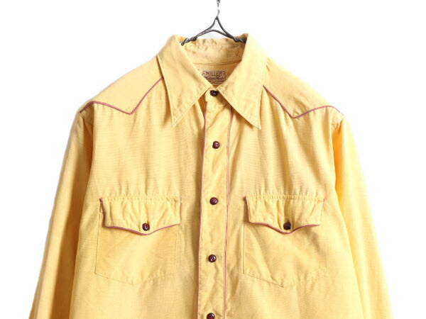 40s ★ MILLER マチ付き サテン 長袖 ウエスタン シャツ メンズ M 程/ 古着 40年代 ヴィンテージ 無地 ポケット付き ナイロン レーヨン 黄