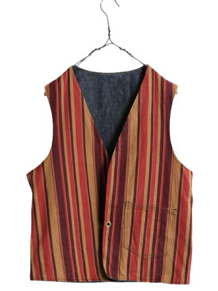 60s 70s USA製 ★ リーバイス リバーシブル ベスト メンズ M / 古着 ヴィンテージ Levis BIG E インディゴ ストライプ デニム ポケット付き
