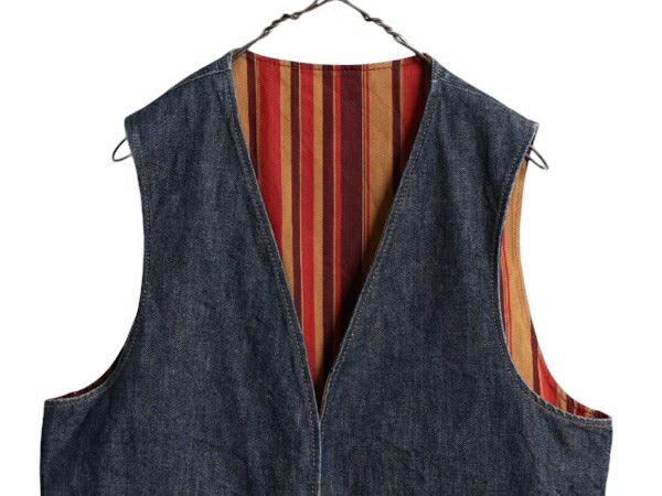 60s 70s USA製 ★ リーバイス リバーシブル ベスト メンズ M / 古着 ヴィンテージ Levis BIG E インディゴ ストライプ デニム ポケット付き
