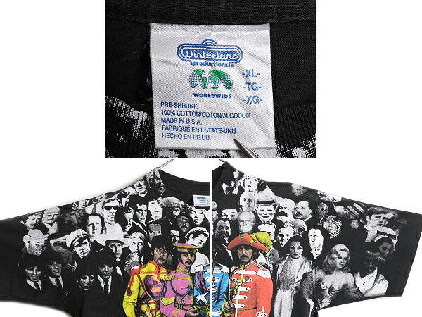 90s USA製 ★ ビートルズ オールオーバー プリント Tシャツ メンズ XL / 90年代 オールド Beatles オフィシャル イラスト バンド ロック 黒