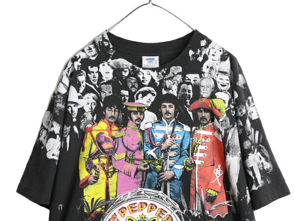 90s USA製 ★ ビートルズ オールオーバー プリント Tシャツ メンズ XL / 90年代 オールド Beatles オフィシャル イラスト バンド ロック 黒