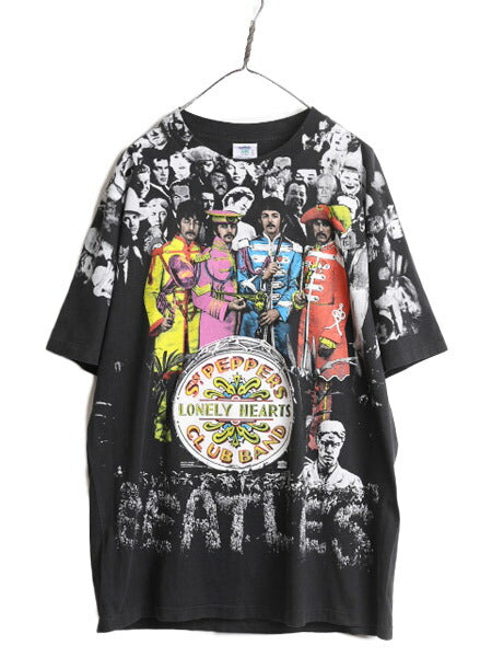 90s USA製 ★ ビートルズ オールオーバー プリント Tシャツ メンズ XL / 90年代 オールド Beatles オフィシャル イラスト バンド ロック 黒
