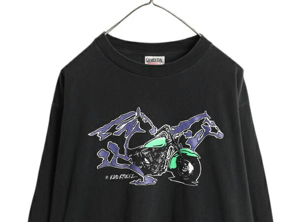 90s USA製 ★ スタージス ハーレー ダビットソン イラスト プリント 長袖 Tシャツ メンズ L 古着 STURGIS バイクロンT シングルステッチ 黒