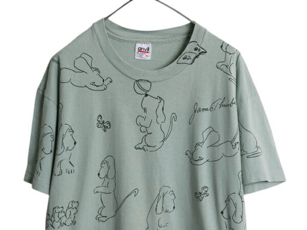 90s USA製 ★ ジェームズ サーバー ドッグ アート イラスト プリント Tシャツ メンズ L オールド アニマル 犬 コミック グラフィック 総柄
