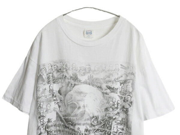 90s ★ イーグル x 大統領 アート イラスト プリント Tシャツ メンズ XL~ / 古着 オールド 偉人 アニマル グラフィック シングルステッチ 白
