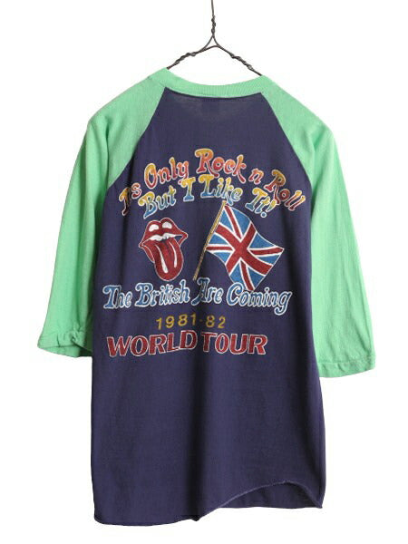 パキ綿 80s ★ ローリングストーンズ プリント ベースボール Tシャツ メンズ M 小さめ S 程/ ヴィンテージ 当時物 ロック バンド ラグラン