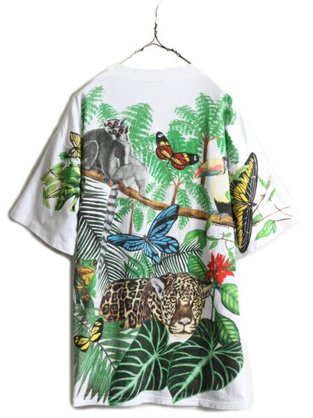 デッドストック 90s ★ WILD ORTS アニマル オールオーバー プリント Tシャツ メンズ XL / イラスト アート 動物 花 シングルステッチ 白
