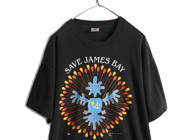 90s USA製 ★ インディアン アート プリント 半袖 Tシャツ ( メンズ XL ) 90年代 アニマル イラスト メッセージ ネイティブ 民族 当時物 黒
