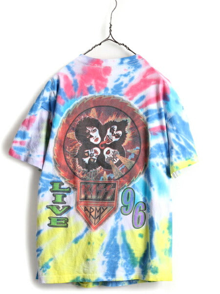 90s ★ キッス 両面 プリント タイダイ 半袖 Tシャツ メンズ L 程/ 90年代 オールド KISS 当時物 バンド ロック イラスト シングルステッチ
