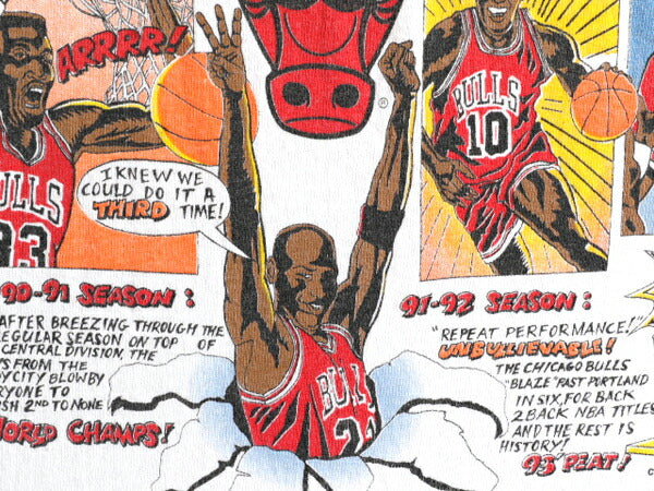 90s USA製 ★ NBA オフィシャル シカゴ ブルズ プリント Tシャツ ( メンズ M ) 90年代 当時物 バスケ イラスト ジョーダン キャラクター 白