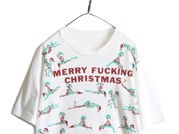 90s ★ FASHION VICTIM スカル 四十八手 イラスト 発泡 プリント Tシャツ メンズ L 程/ 90年代 オールド 当時物 アート エロ ドクロ SEX 白
