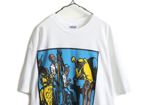 90s ★ ジャス フェスティバル アート イラスト 両面 プリント Tシャツ ( メンズ XL ) 古着 90年代 オールド JAZZ フェス 当時物 バンド 白
