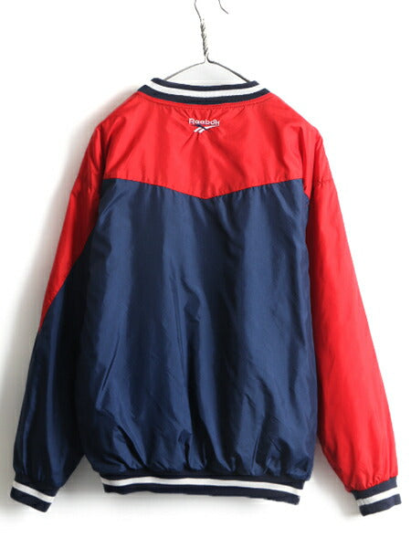 90s 希少サイズ S ■ リーボック 中綿入 プルオーバー ナイロン ジャケット ( メンズ ) 古着 90年代 ブルゾン Reebok 赤 紺 ビッグロゴ刺繍