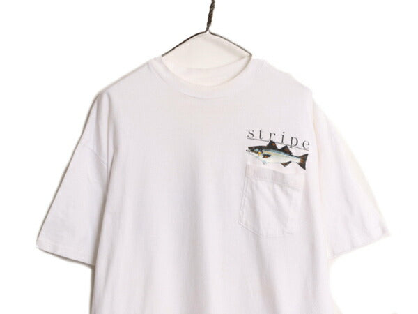 80s USA製 フィッシュ アート イラスト バックプリント Tシャツ メンズ XL / 80年代 ヴィンテージ 魚 グラフィック ポケット付き ポケT 白