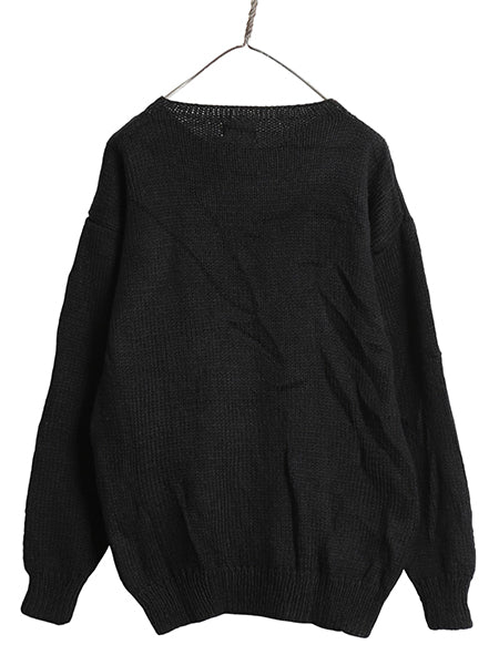 60s 70s ウール ニット セーター メンズ M 程/ ハンドメイド ヴィンテージ フィッシャーマン アラン ケーブル 手編み 無地 黒 シンプル