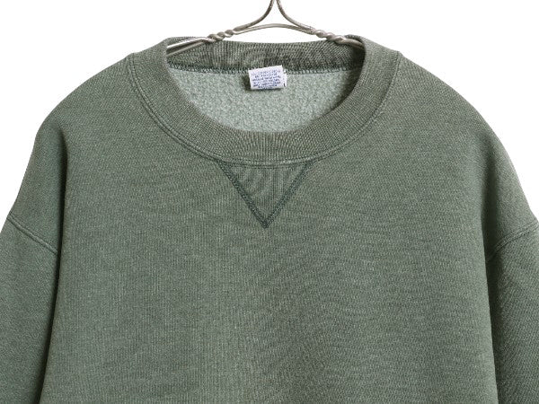 90s USA製 ラッセル 無地 スウェット メンズ レディース M 古着 オールド トレーナー 前V 裏起毛 ワンポイント ブランク トップス グリーン