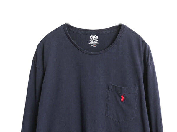 ポロ ラルフローレン ポケット付き 長袖 Tシャツ メンズ L 古着 ロンT ポケT ワンポイント ロングスリーブ カットソー シングルステッチ 紺