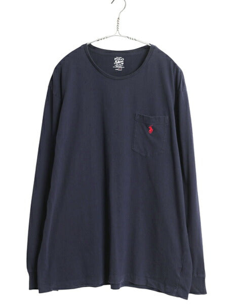 ポロ ラルフローレン ポケット付き 長袖 Tシャツ メンズ L 古着 ロンT ポケT ワンポイント ロングスリーブ カットソー シングルステッチ 紺
