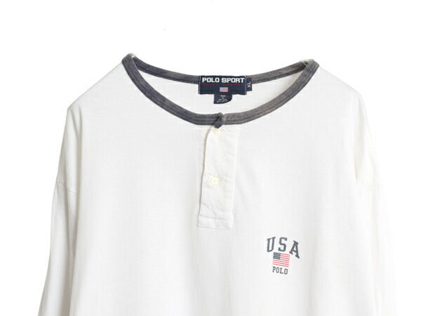 90s USA製 ポロスポーツ ラルフローレン ヘンリーネック 長袖 リンガー Tシャツ メンズ XL / オールド ポロ 星条旗 シングルステッチ ロンT