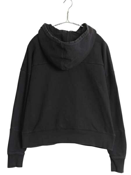 ノースフェイス スウェット フード パーカー レディース M 古着 袖 ロゴ プリント トレーナー 裏起毛 プルオーバー ヘビーウェイト 短丈 黒