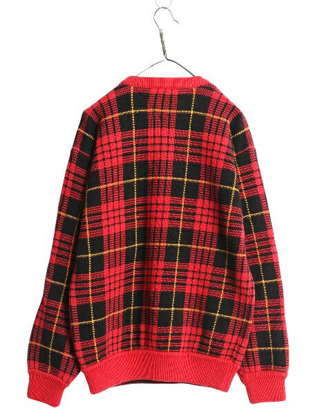 90s トミーヒルフィガー チェック コットン ニット セーター メンズ L 古着 オールド 長袖ニット 前V ワンポイント トップス マルチカラー