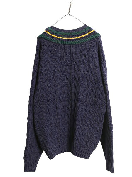 90s オールド ギャップ チルデン ケーブル ニット セーター メンズ XL 旧タグ Vネック ヘビーウェイト コットン 大きいサイズ シンプル 紺